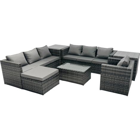 Fimous Rattan Garden Furniture Dining Set 8-seater Patio Coffee Table Sofa Set with Big Stool 2 Side Tables Dark Grey Mixed (1/5)