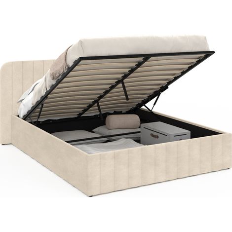 Idmarket – Lit coffre double 140 x 190 cm – Tête de lit capitonnée velours beige – Sommier métal 24 lattes – Grand coffre de rangement