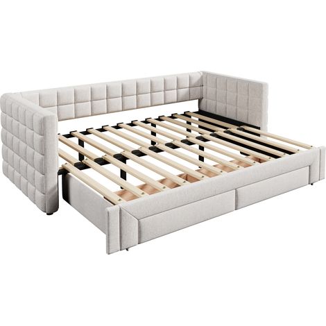 Ausziehbares Tagesbett 90 x 200 cm beige Samt mit 2 Schubladen, MDF-Rahmen, ohne Matratze (1/5)