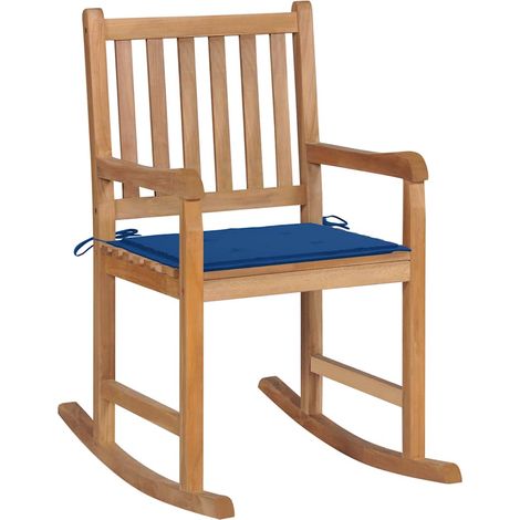 Chaise à bascule avec coussin bleu royal Bois de teck solide