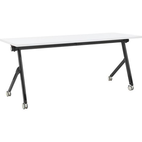 Escritorio rectangular moderno plegable con ruedas mesa móvil portátil estructura metálica 180 x 60 cm blanco y negro Bendi
