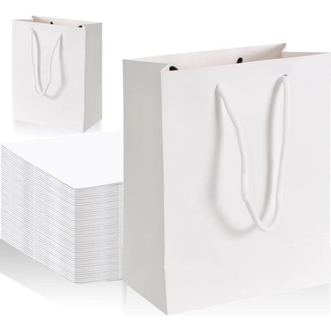 Blanc, 18 x 10 x 23cm Sac Cadeau Pochette Cadeau Avec Poignées Sac 10Pcs Papier Blanc Sacs Cadeaux En Papier Réutilisable Pour Vêtements Noël Fête Des Mères Mariages Anniversaires Emballage (1/5)