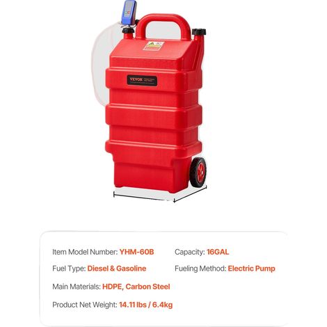 Chariot à carburant, capacité de 16 gallons, pompe électrique avec arrêt automatique, 16GAL 60L (1/2)