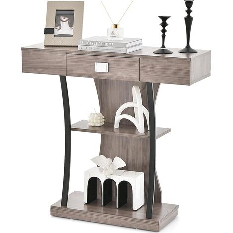 COSTWAY Mesa de Consola en Forma de T, de Entrada Sofá con Cajón, Estantes y Kits Duales Antivuelco, Mesa de Centro, de Recibidor Moderna para Sala de Estar (Gris)