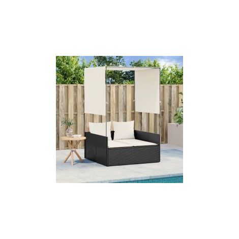 Chaise longue double avec toit et rideaux noir résine tressée (1/5)
