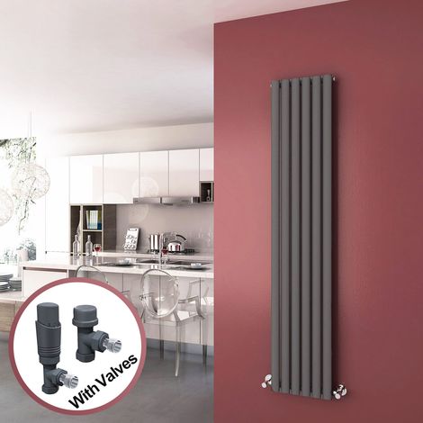 ELEGANT Vertical Column Designer Radiator Anthracite Oval Single Panel Rad 1800 x 354mm + Thermostatic Radiator Valves (1/5)