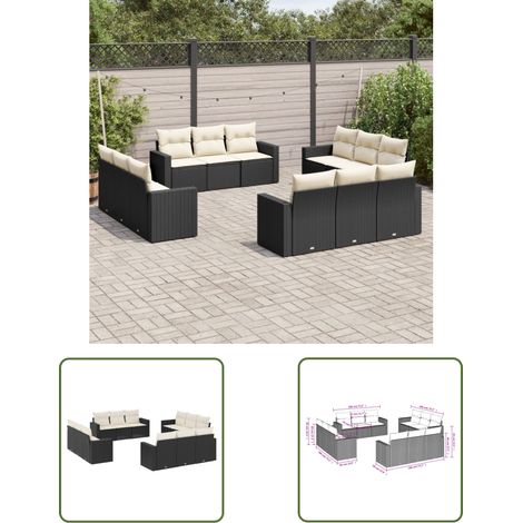 The Living Store 12-tlg. Garten-Sofagarnitur mit Kissen Schwarz Poly Rattan - Gartensorgaarnitur - Outdoor Möbel - Lounge Set - Rattan Sofa - Gartenlounge