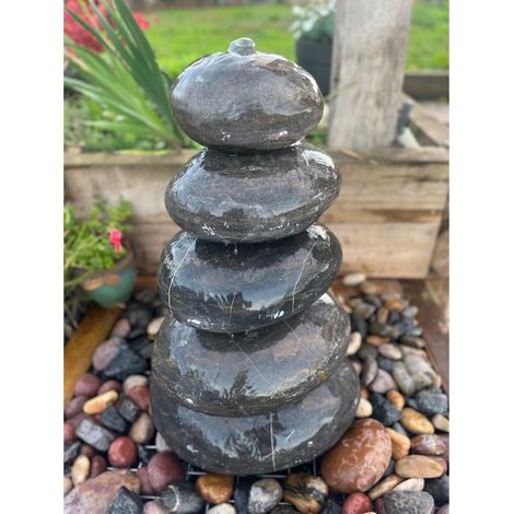 Set of Stacked Polished Pebbles Water Feature with Pump, Light, Reservoir and Grid - L45 x W35 x H76 cm - 5pcs/Set - Black Limestone