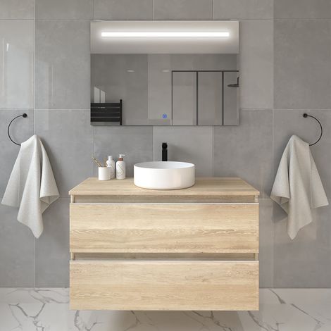 Meuble de salle de bain avec vasque à poser ronde BALEA et miroir Led STAM - 100cm (1/5)