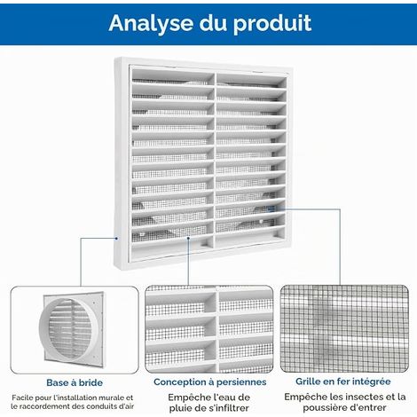 Grille d'aération carrée 150 mm avec accessoires, grille de ventilation avec moustiquaire, grille de finition ABS, couvercle de ventilation plate pour climatisation, garage, mur extérieur, hotte (1/4)