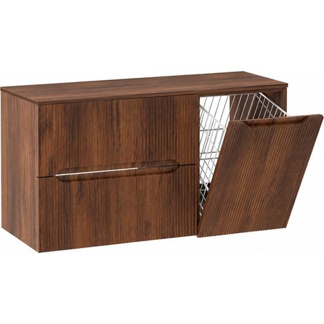Meuble sous vasque suspendu avec panier à linge et plan L.100 cm effet noyer Warmia façade rainurée NOVO Furnidea (1/5)
