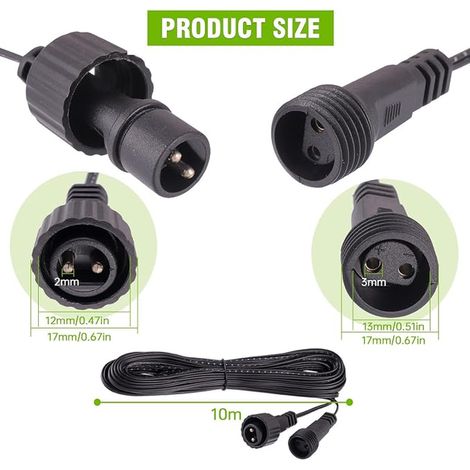 Extension Cable Garland, 2 Pin Extender Waterproof Connectors for Solar Floodlights, Garden Spike Lights, Outdoor Christmas Lighting, Tree Light (1/4)
