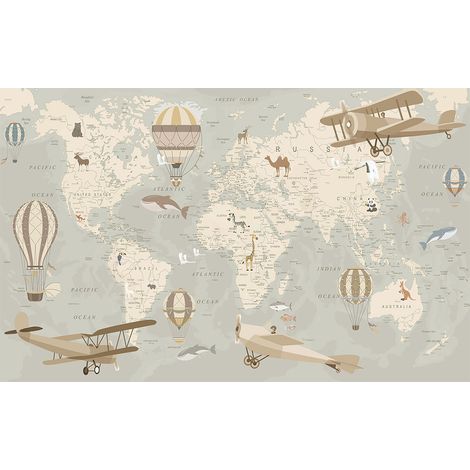 Affiche enfant carte du monde avions 60x40cm – Imprimée en France sur papier art haute qualité – Finition mate pour décoration intérieure – Hxadeco