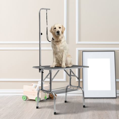 Tavolo per toelettatura cani, tavolo pieghevole per toelettatura animali domestici con braccio regolabile in altezza, cinghie, cestino in rete, tavolo per tosatrice fino a 150 kg, 90 x 60 x 75 cm, ner