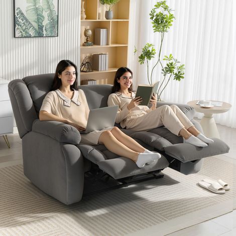 Sillón de 2 Plazas Relax Reclinable Manual Sillón Relax Tapizado en Terciopelo Reposapiés Ajustable Asiento Amplio Gris (1/5)
