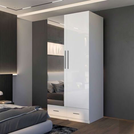 2 Door High Gloss Hinged Wardrobe with Mirror Drawers and Storage - White 90cm (1/4)