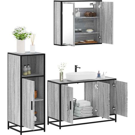 3-tlg. Badmöbel-Set Grau Sonoma Holzwerkstoff