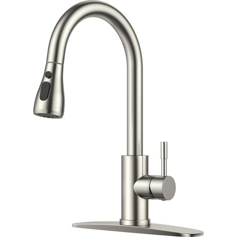 Küchenarmatur mit ausziehbarem Brausekopf, Einhebel-Spültischarmatur aus gebürstetem Nickel-Edelstahl mit hohem Auslauf und Montageplatte, geeignet für 1- oder 3-Loch-Montage, ideal für Bauernhöfe, Wo