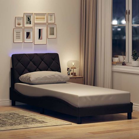 Cadre de lit 90 x 190 cm avec LED, tissu marron foncé, tête de lit et sommier à lattes - PANGIVO (1/5)