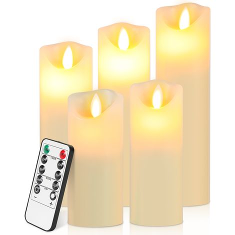 Randaco Candele LED, set di 5 candele decorative senza fiamma con telecomando a 10 tasti, effetto fiamma LED tremolante, bianco (1/5)