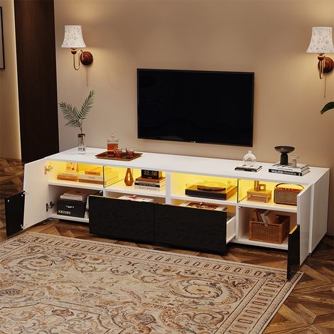 Meuble TV LED 180x38,5x45 cm noir/blanc, façade brillante, TV jusqu’à 80", 2 tiroirs, 2 placards, niches ouvertes (1/5)