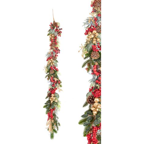 Ramo ghirlanda rossa e oro con decorazione frutti di bosco per interni ed esterni (1/2)