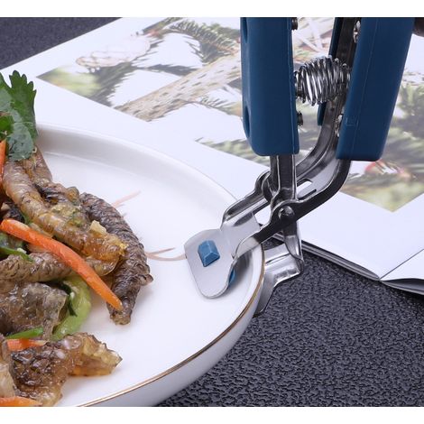 Pinces à bols de cuisine antidérapantes bleues, lot de 3, pinces anti-chaleur en acier inoxydable, pinces en silicone anti-chaleur pour plats chauds. (1/5)