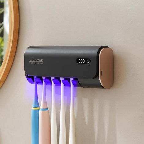 Portacepillos de dientes de pared con desinfección y secado automáticos por UV, soporte universal de 5 ranuras, instalación sin adhesivo, carga USB tipo C (negro)