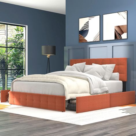 Cama tapizada, cama doble con somier de láminas, cabecero regulable en altura y costuras cuadradas, soporte de láminas metálicas, material de lino, 140 x 200 cm (sin colchón, naranja) (1/5)
