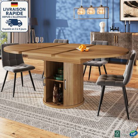 MODFU - Mesa de comedor redonda extensible para 4-6 personas con espacio de almacenamiento, mesa de cocina para salón, 1 estante y 2 puertas, color marrón (1/5)