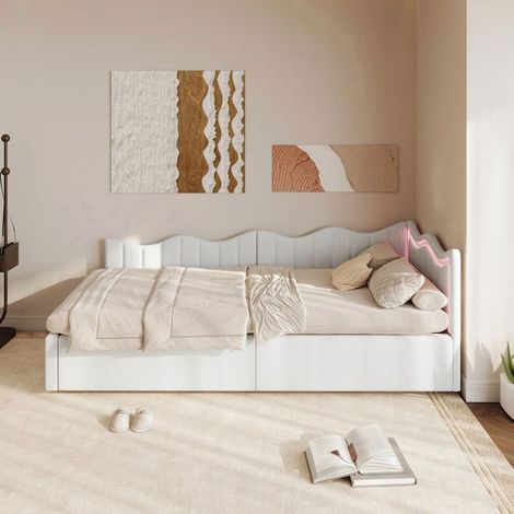Sofá Cama Convertible 1 Plaza Teddie - Blanco - LED 7/9 Colores - Almacenamiento Integrado - Diseño Ondulado
