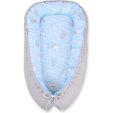 Coccolone per neonati, double-face, box, fasciatoio, Premium BOBONO - coniglietti blu/grigi (1/5)