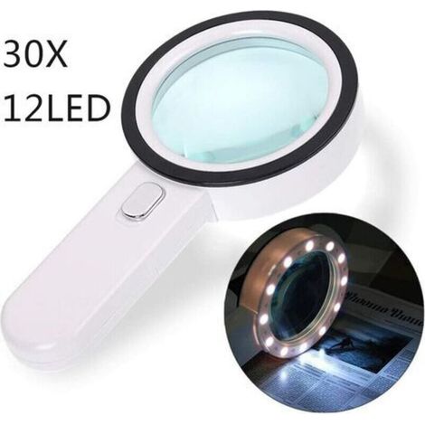 Reading Magnifier, 12 LED Magnifying Glass, 30X Magnification, Large Illuminated Pocket Magnifier for Jewelers, Watchmakers, Crafts, Children, the Elderly, etc. (1/4)
