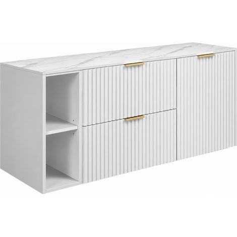 Set di mobili da bagno, 2 cassetti, 1 anta, chiusura ammortizzata, cesto portabiancheria, Bianco / piano Marmo, maniglie dorate, 120 x 46 x 57 cm (1/5)