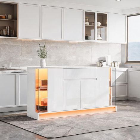 Buffet bas laqué blanc avec 2 vitrines LED 150 cm coloris blanc (1/5)