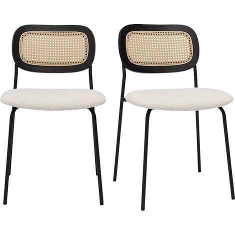 Designstühle aus weißem Schlingenwollstoff, schwarzem Metall und Rattanflechtwerk (Set von 2) MIRANDA