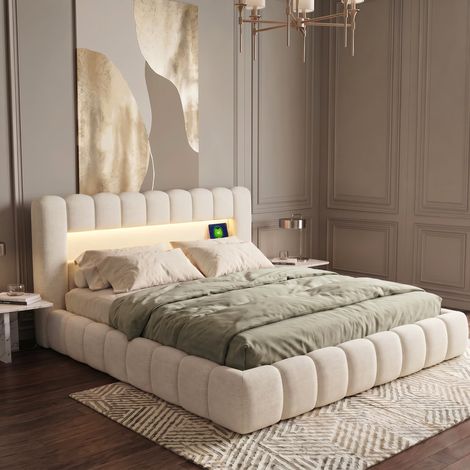 Lit Coffre Double Rembourré 140x200 Cm,Lit À Bulles En Lin Beige, Rangement Hydraulique,Éclairage LED RGB Contrôlable,Ports USB & Type‑C,Sommier À Lattes,Pour Chambre Adulte,Sans Matelas