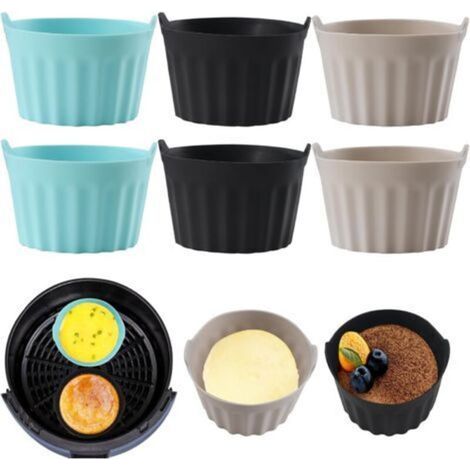 6PCS Moule Silicone Air Fryer,Plat Pour Friteuse Sans Huile,Coupe Moule,Moule Pour Gâteau Au Four,Moule à Tarte Aux Oeufs,Air friteuse Accessoires, Silicone Bakeware,Noir + gris+bleu (1/5)