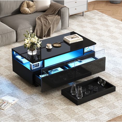 Table basse 90x45x35,5 cm noire en MDF, verre trempé et acrylique avec plateau amovible, 2 tiroirs et LED (1/5)