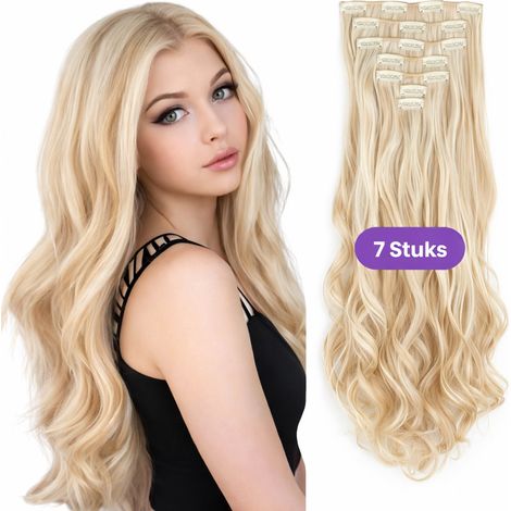 Extensiones de cabello con clip - Extensiones de cabello - Postizo - Cabello sintético - Cabello artificial - Extensiones de cabello profesionales - Rubio ondulado (1/3)