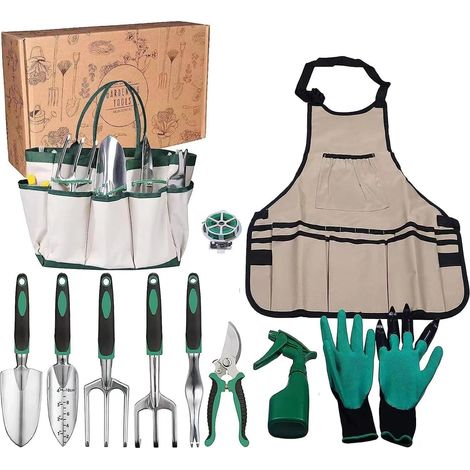 Un ensemble de 11 outils de jardinage – comprenant des gants, un arrosoir, un tablier et des outils en acier inoxydable. (1/5)