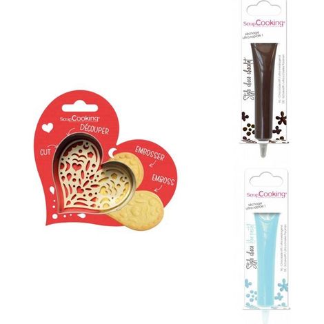 Kit pour biscuit en relief Coeur + 2 Stylos au chocolat marron et bleu pastel (1/3)