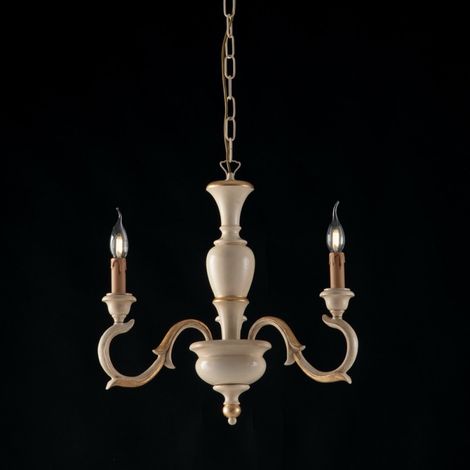 Araña de madera Marfil y Pan de Oro tres luces 43x h50 cm