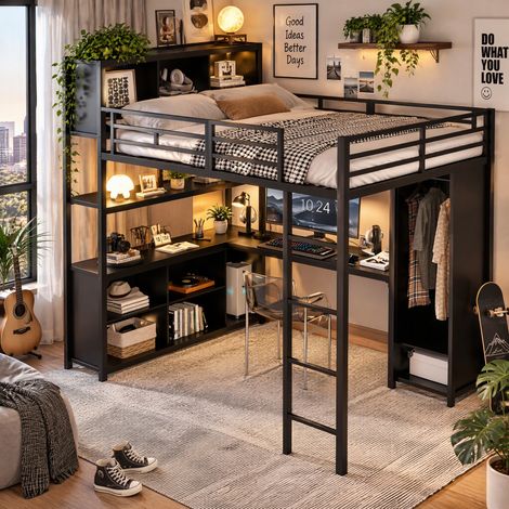 JOOKGBD-Lit Mezzanine Métallique 140×200cm avec Bureau, Etagères de Rangement Double sous Bureau, Espace de Stockage au-dessus du Lit et Penderie Intégrée, Charge 250kg pour Adolescent et Adulte (1/5)