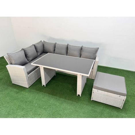 Fimous 7 Seater Wicker Rattan Corner Sofa Sets Outdoor Garden Furniture Sets with Rectangular Dining Table Lounge Sofa Big Footstool Light Grey (1/5)