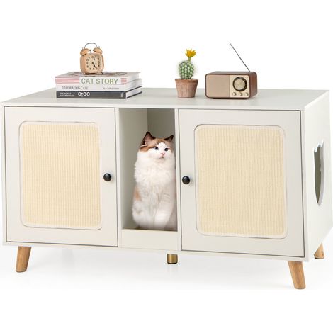 Meuble cache-litière pour chat blanc à 2 espaces avec 2 tapis griffoirs en sisal et plateau, pour salon, chambre et entrée (1/5)