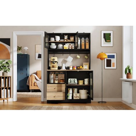 Meuble de cuisine noir 178 cm en MDF avec LED et prise, portes en verre trempé et casier à bouteilles pour cuisine et salle à manger (1/5)