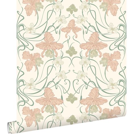 papier peint fleurs vintage de style art nouveau blanc crème, rose clair et vert grisé - ESTAhome