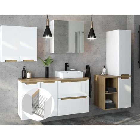 Badmöbel Set Hochglanz weiß mit Trüffel-Buche SOFIA-107 Keramik-Waschtisch & Spiegelschrank, B/H/T ca. 240/200/46 cm (1/5)
