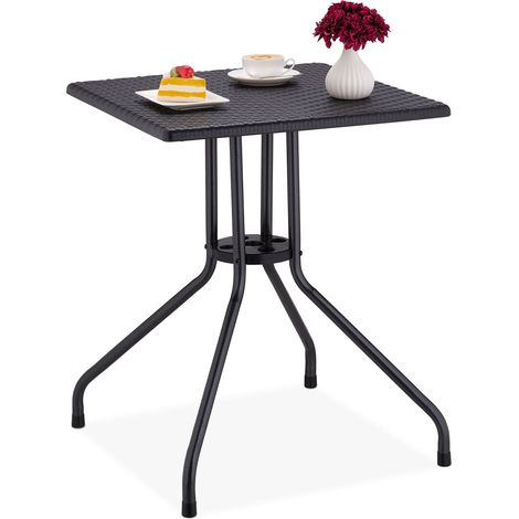 Relaxdays Gartentisch Rattan-Optik, quadratisch, HBT: 75x61x61cm, Balkontisch, Kunststoff, Metall, Outdoortisch, schwarz